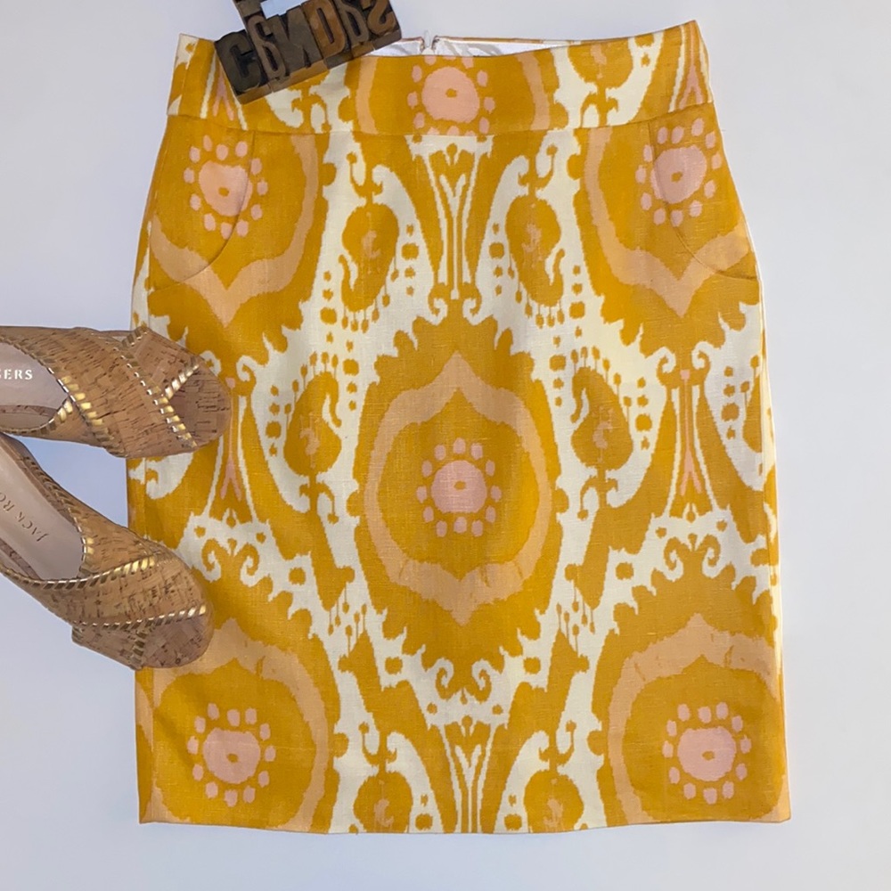 J. CREW Woman’s Linen Ochre ‘Ikat’ Straight Pencil Skirt in Paisley Print
